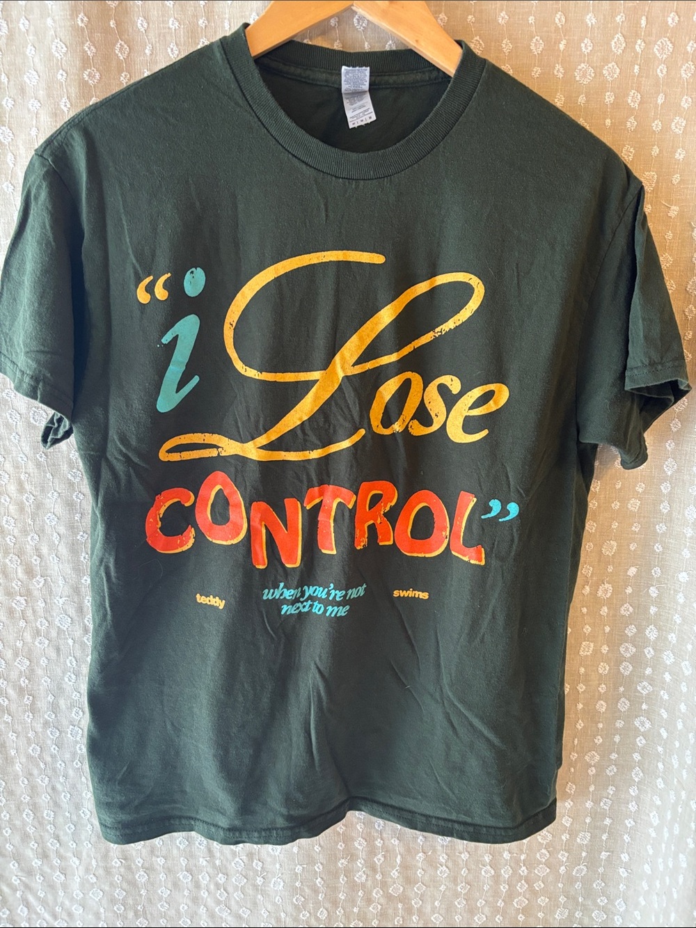 Gildan Dark Green Short Sleeve Tee with Yellow, Red & Teal Graphic